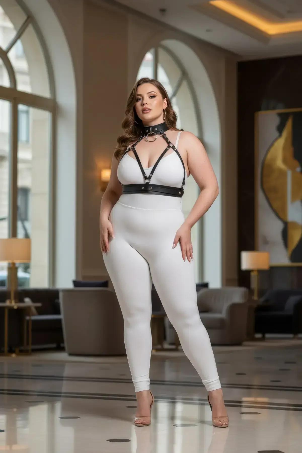 plus size kadın siyah harness takımı beyaz bralette üzerinde kombin sokak stili