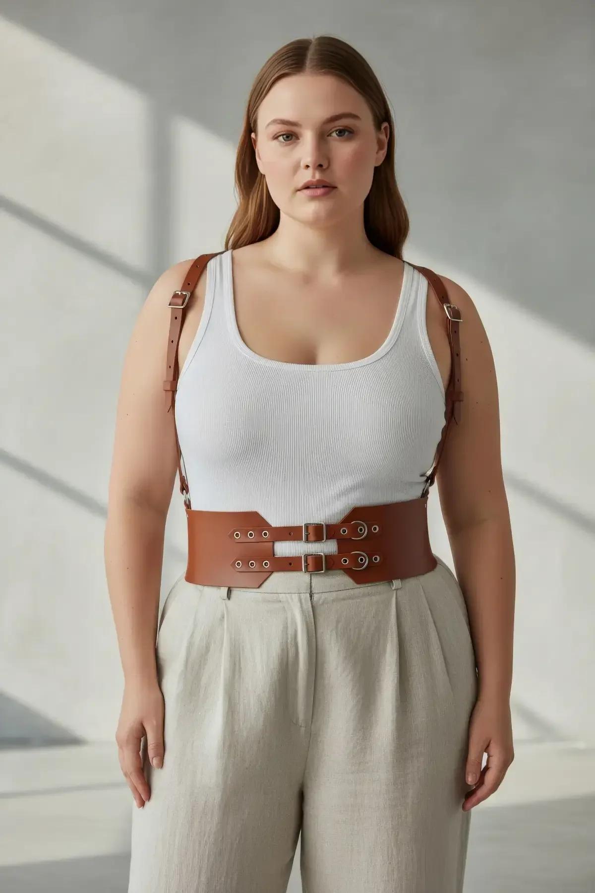 büyük beden kadın taba askılı kemer krem bluz ve bol paça pantolon kombinasyonu