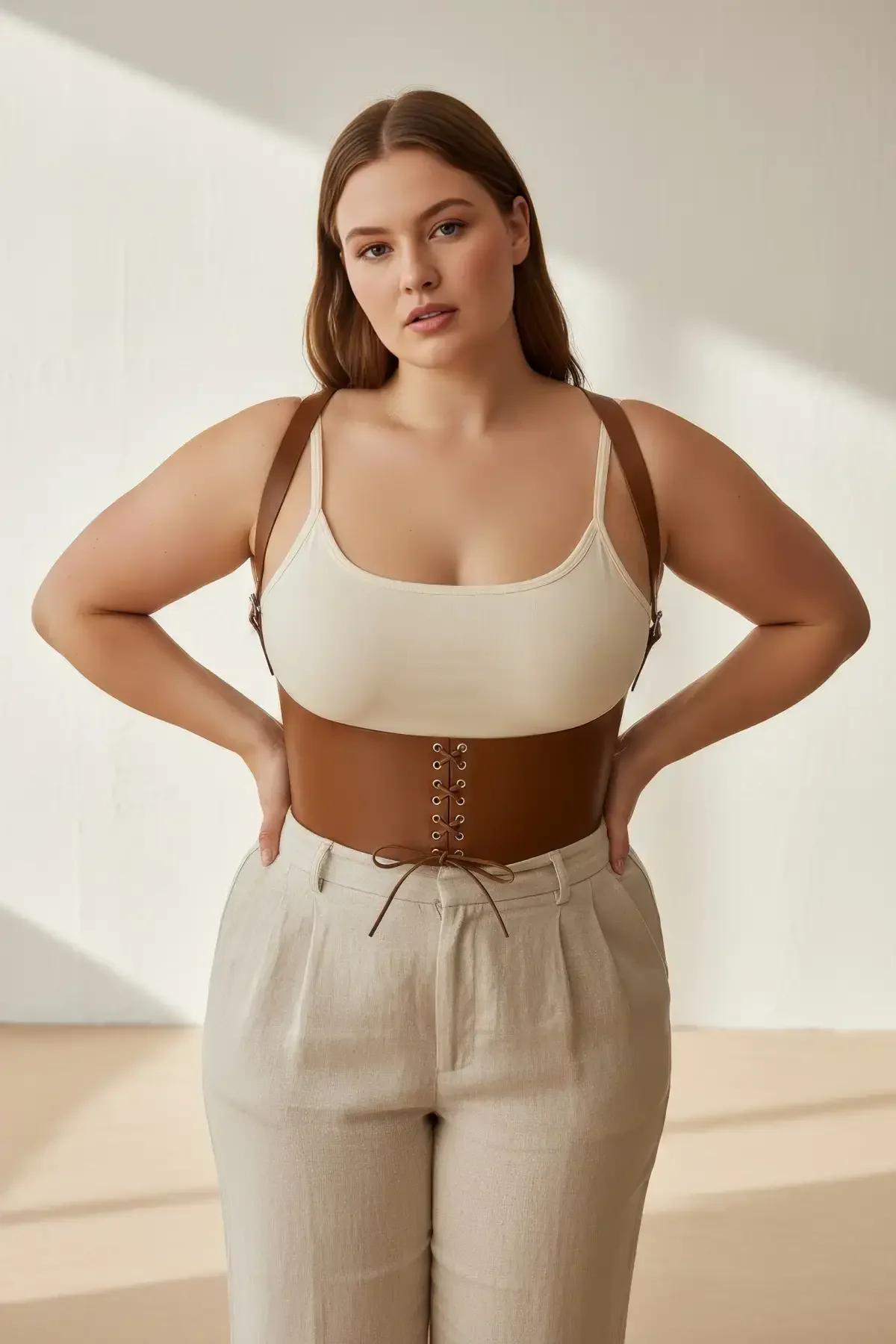Büyük beden korse kemer taba vegan deri yüzey krem pantolon ve beyaz crop top kombinasyonu