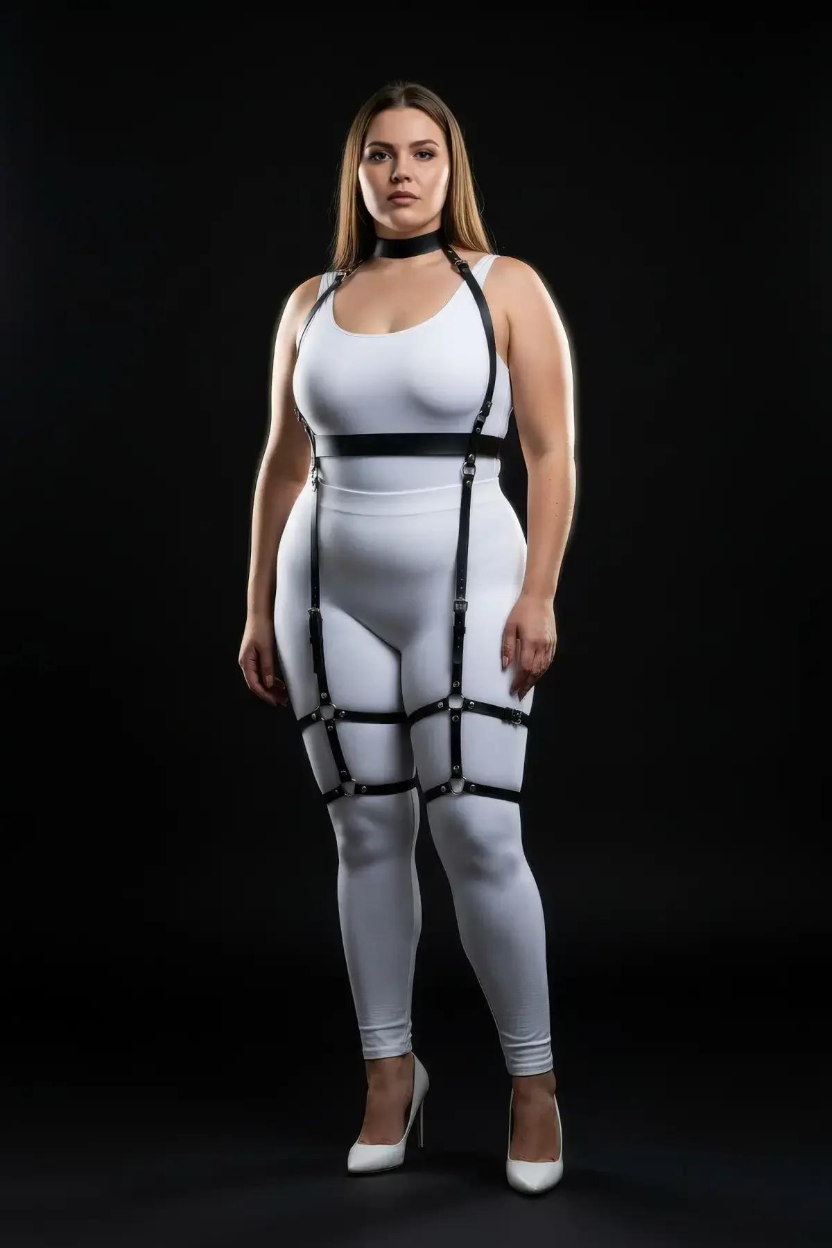 siyah PU deri full body harness choker yaka ve göğüs bandı detayı gümüş O-halka