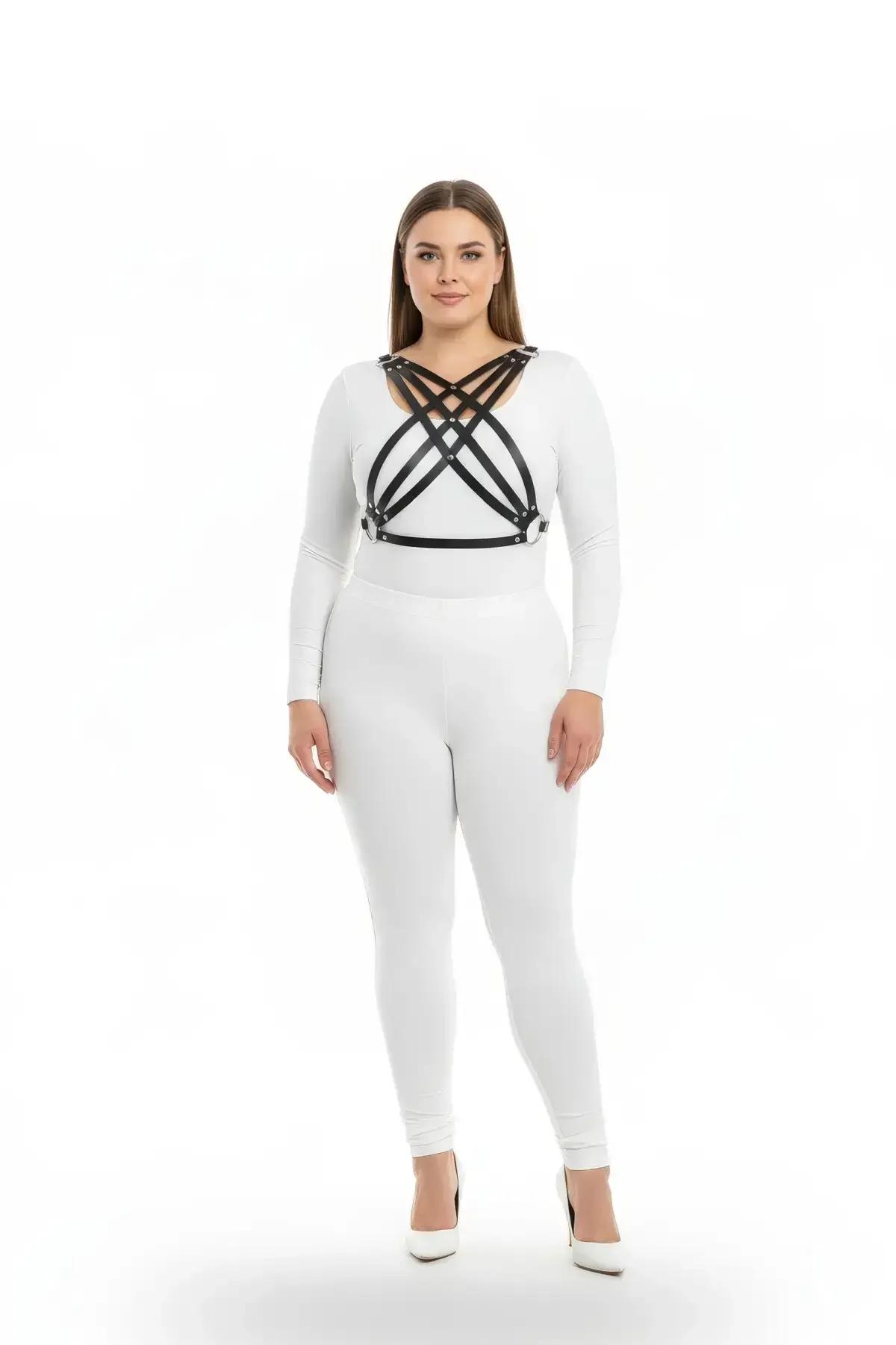 siyah vegan deri görünümlü büyük beden harness takım çapraz bantlı göğüs aksesuarı gümüş metal toka