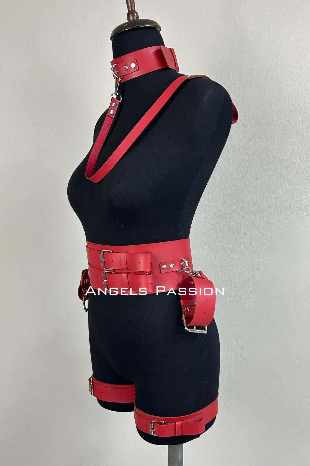 Red Faux Leather Full Body Harness with Thigh Cuffs