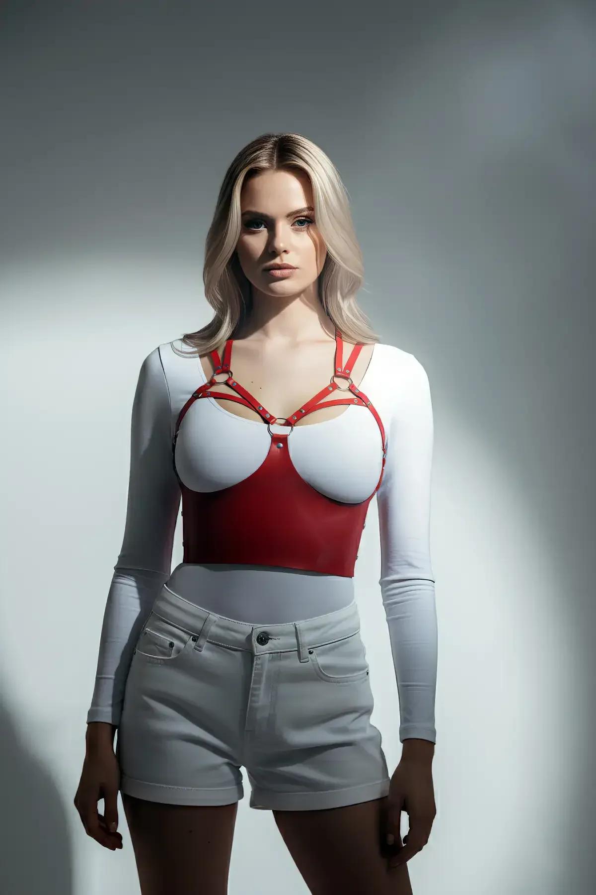 kırmızı korse harness yan görünüm gümüş çıtçıt bant kapama detayı