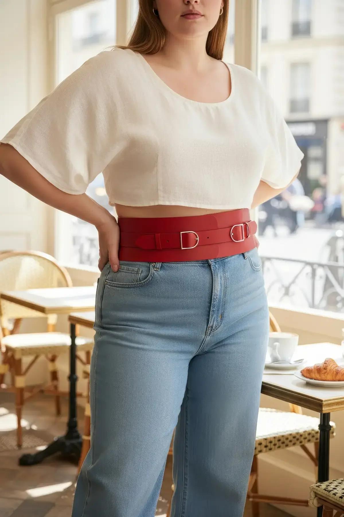 Büyük beden kırmızı korse kemer yan profil, 10 cm genişlik bel vurgulu görünüm
