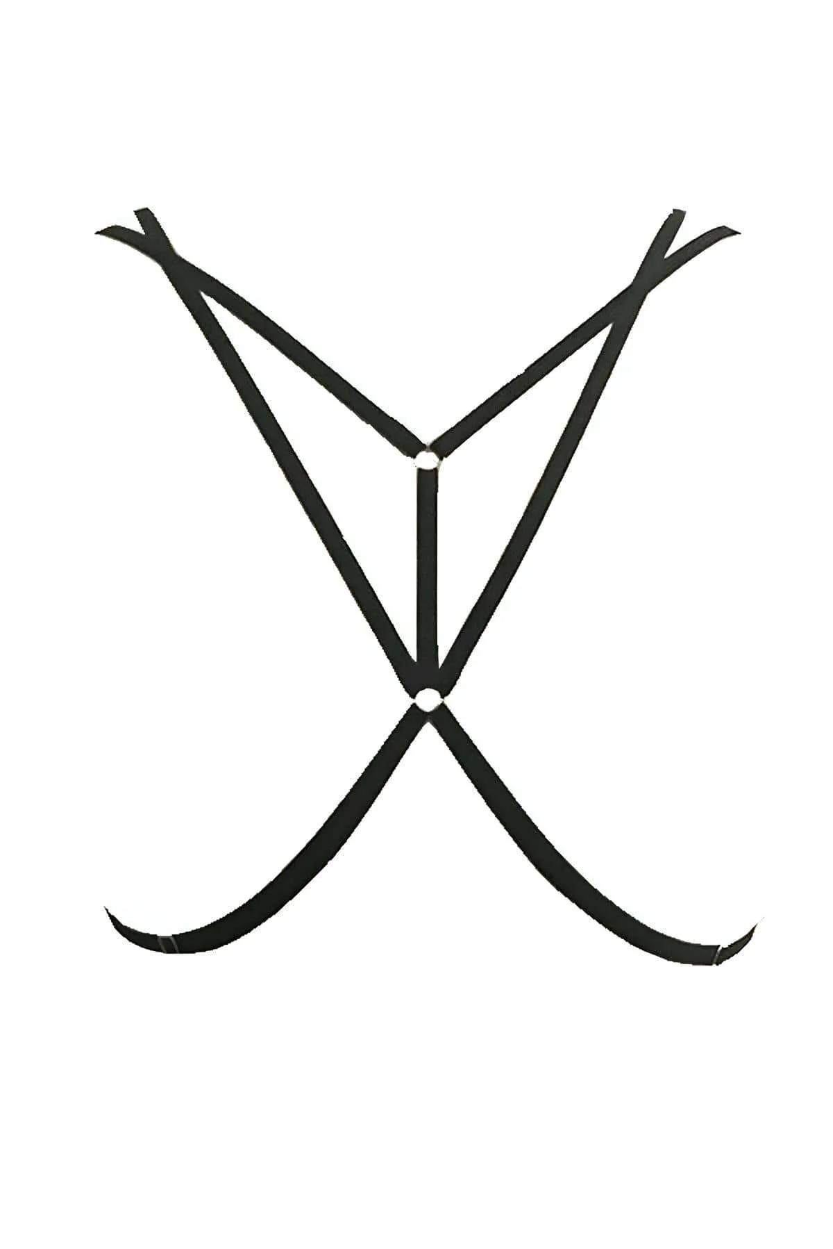 Back view of black crisscross body harness showing X-pattern strap configuration across upper back