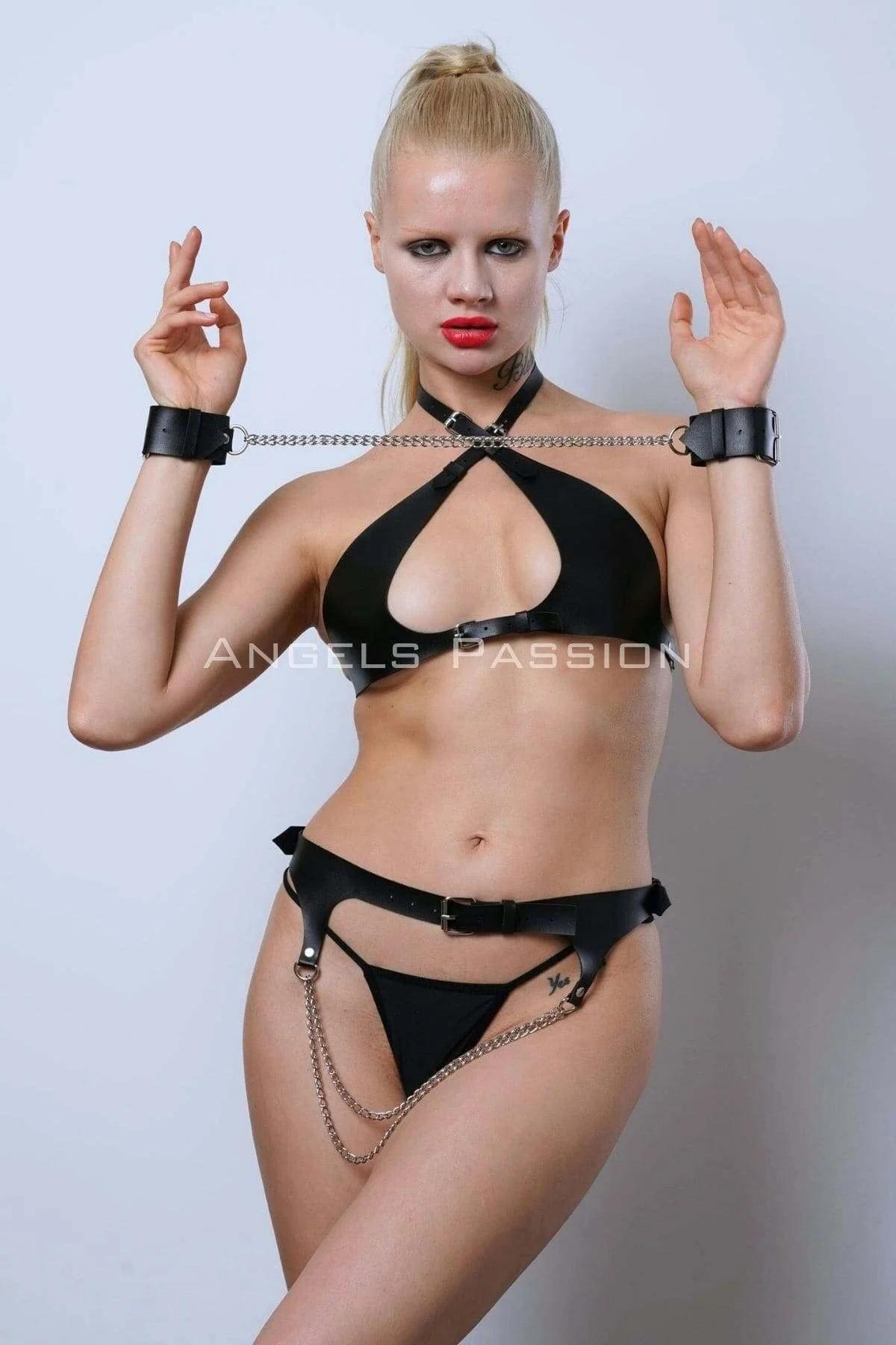Black PU leather harness bra with front cutout panel and silver buckle straps detail