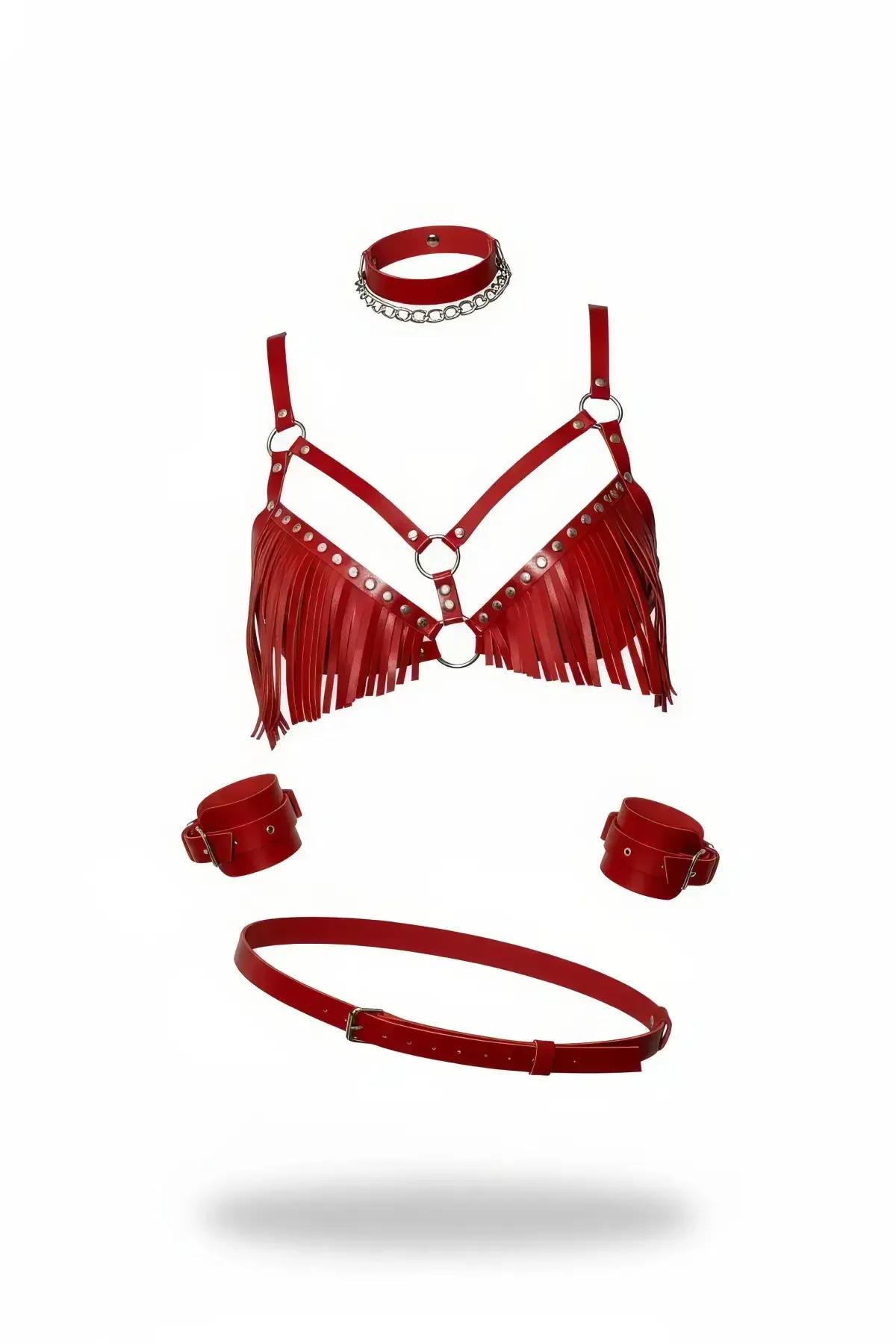 Kırmızı vegan deri püsküllü harness takım 5 parça gümüş metal halka choker bilek bandı kemer