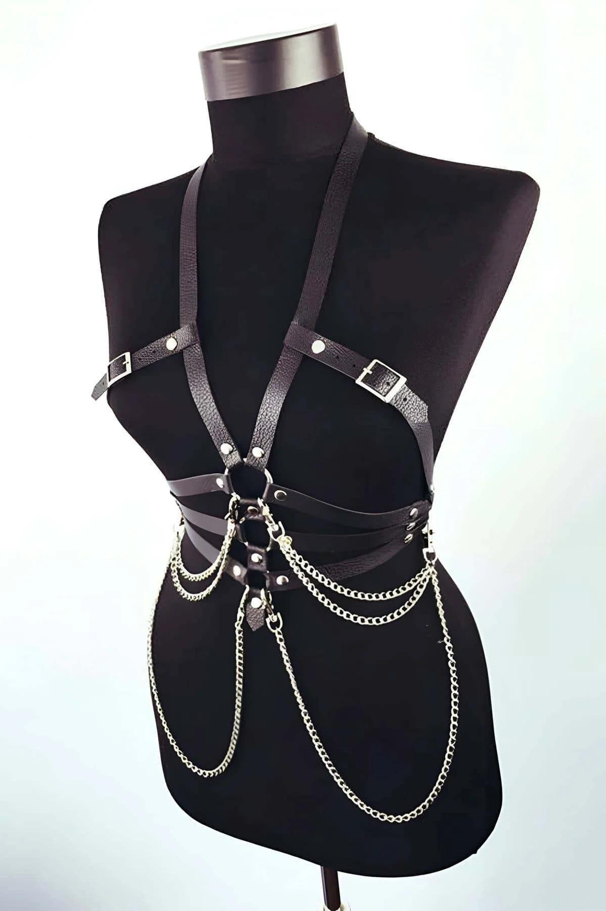 black body harness with detachable silver chains shown from side angle on mannequin