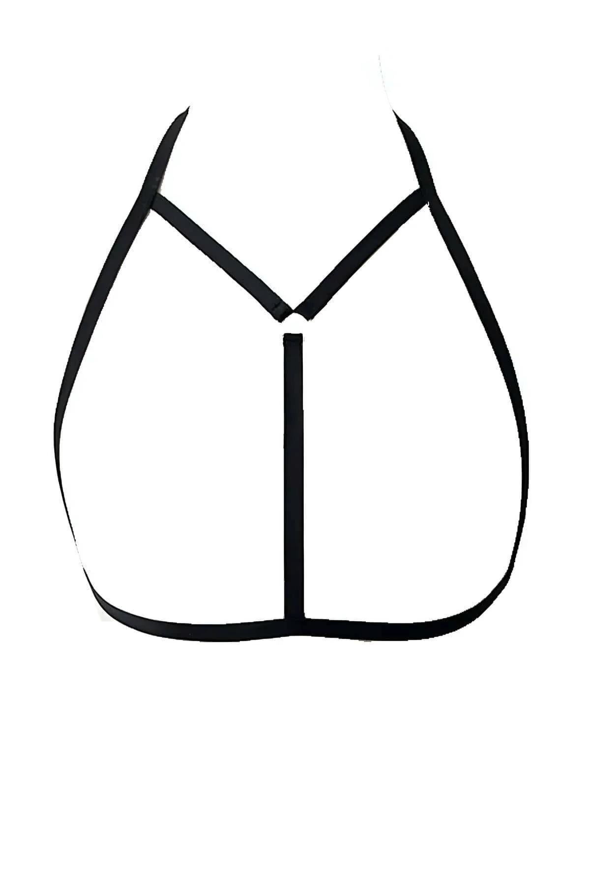 back view of black geometric cage bra showing strap adjuster and open back design