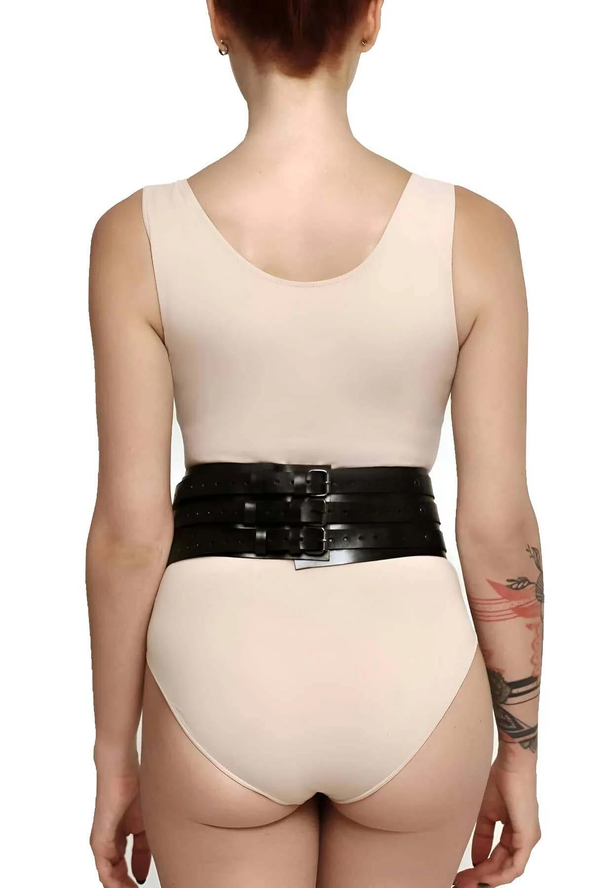 front view black PU leather waist cincher with downward V-point and four horizontal banded panels