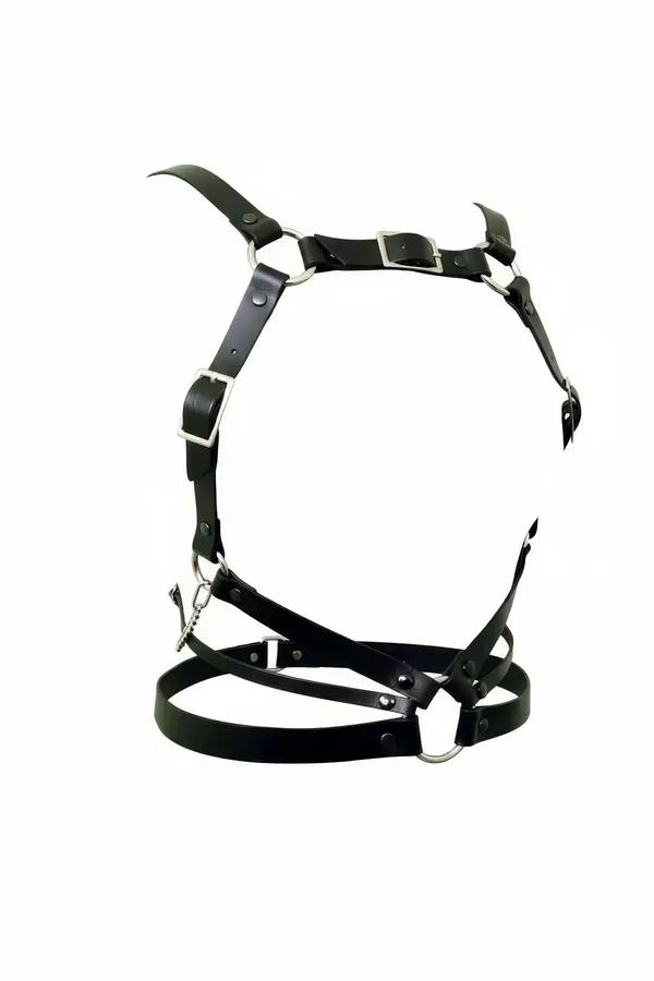 siyah vegan deri çoklu bantlı harness kemer gümüş metal O-halka ve toka detayı