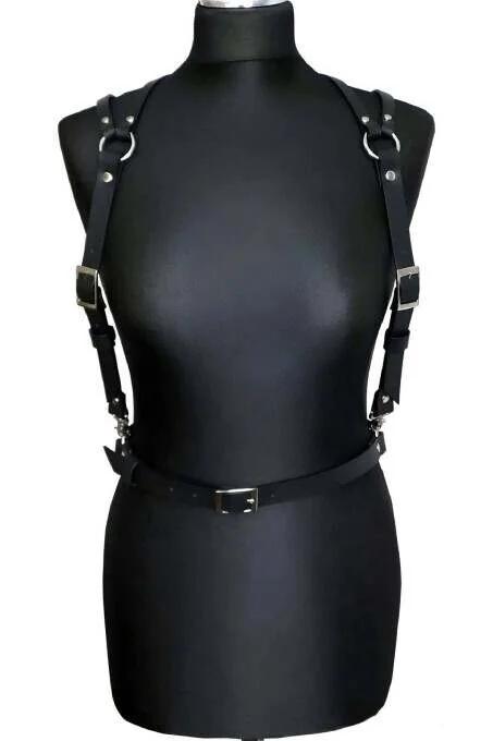 Adjustable black faux leather chest harness showing silver lobster-claw clasp detail at waist connection