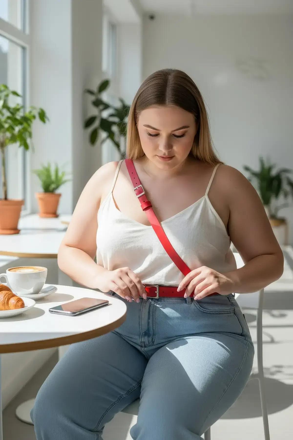 Kırmızı mat yüzey vegan deri kemer altın toka ile günlük kombin aksesuarı