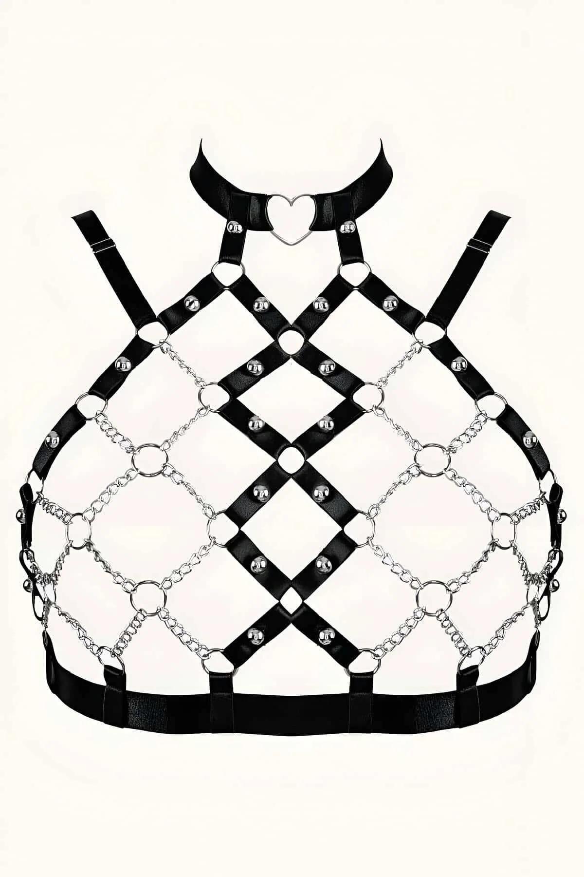 Silver dome studs and chain links on black PU leather diamond grid harness straps