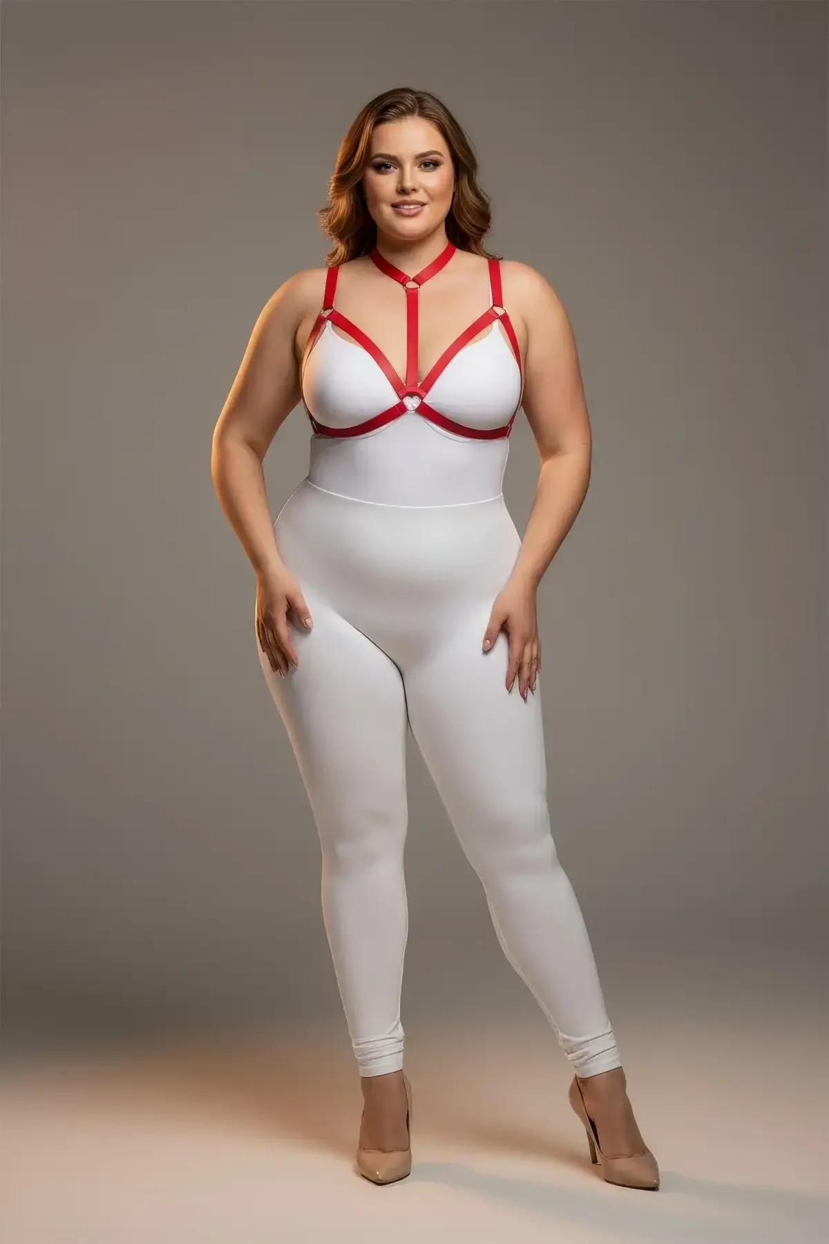 kırmızı lastik harness omuz askılı kafes tasarım büyük beden önden görünüm
