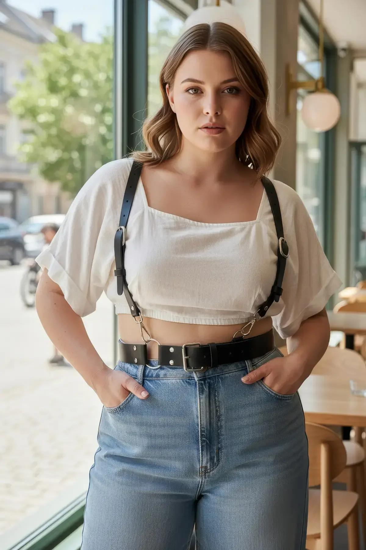 büyük beden harness aksesuar beyaz t-shirt üstüne giyim sokak stili kombini