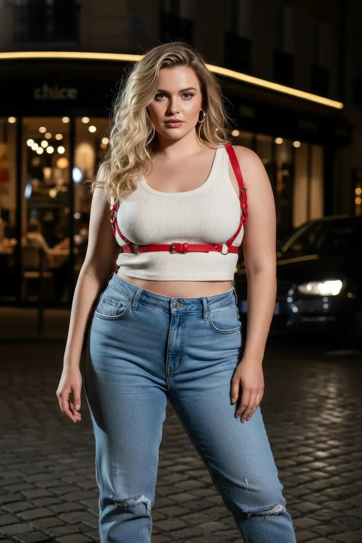 büyük beden kırmızı strappy harness açık örgü bluz ve kot kombini sokak stili