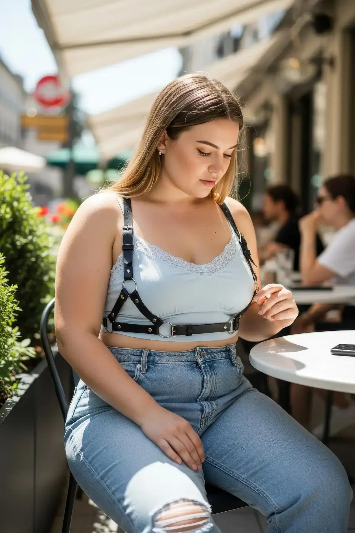büyük beden harness strap genişliği 1,5 cm kafes silueti yan görünüm