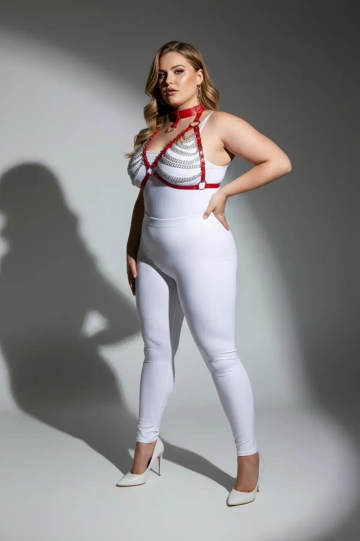 altın zincir süslemeli kırmızı harness beyaz bodysuit üzerinde büyük beden kombinasyonu