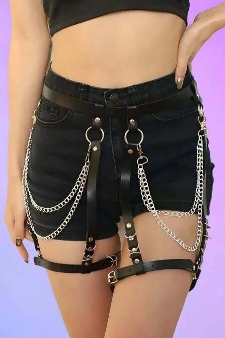 close-up of silver O-rings and double chain loops on black PU leather garter harness waistband