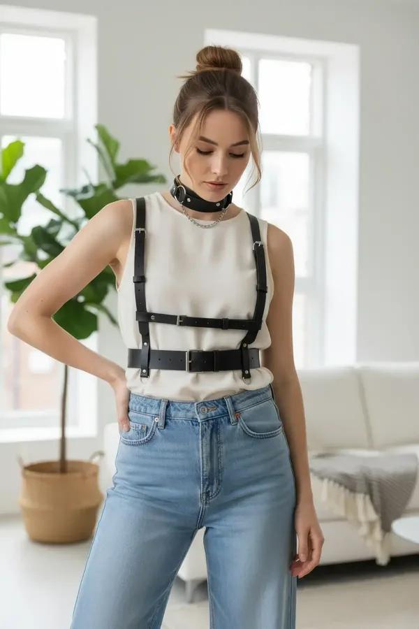 siyah vegan deri vücut harness gümüş tokalı bel bandı ve göğüs kayışları beyaz bluz üzerinde