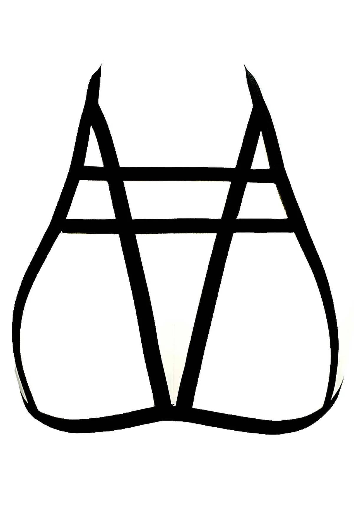 Black strappy geometric harness back view showing elastic band crossing configuration