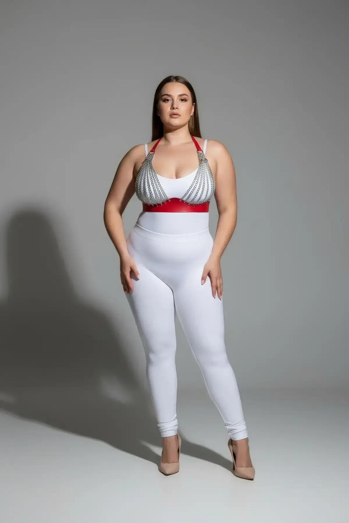 kırmızı PU deri harness bel bandı krom toka detayı