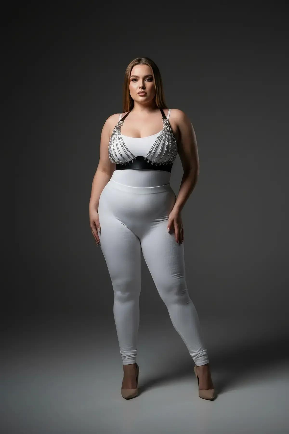 gümüş çoklu zincir katmanlı görünüm siyah harness bra büyük beden yan açı
