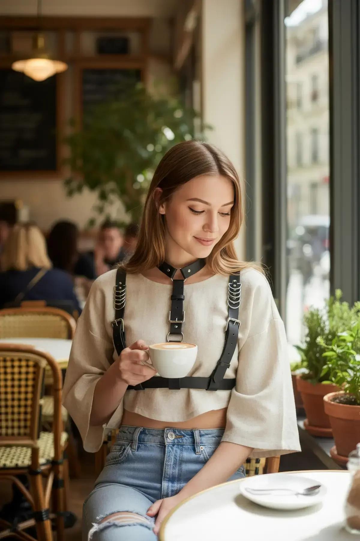 siyah PU deri yaka şeridi gümüş toka ile beyaz crop top üzerinde sokak kombininde