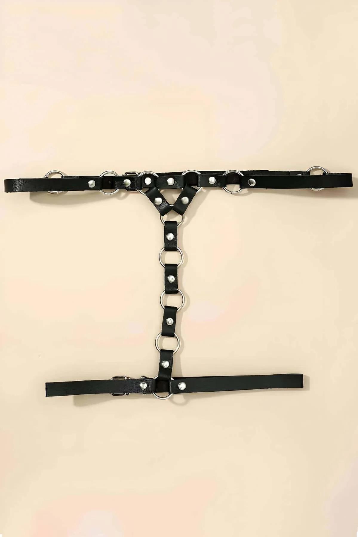 Black single leg harness with detachable O-ring chain removed showing clean strap-only configuration