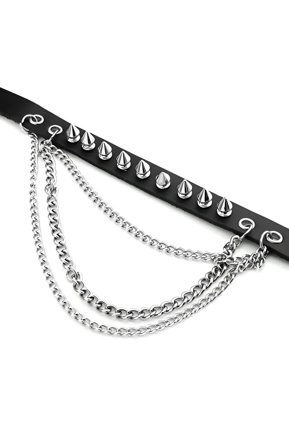 Side view of black faux leather choker showing buckle closure and spike detail