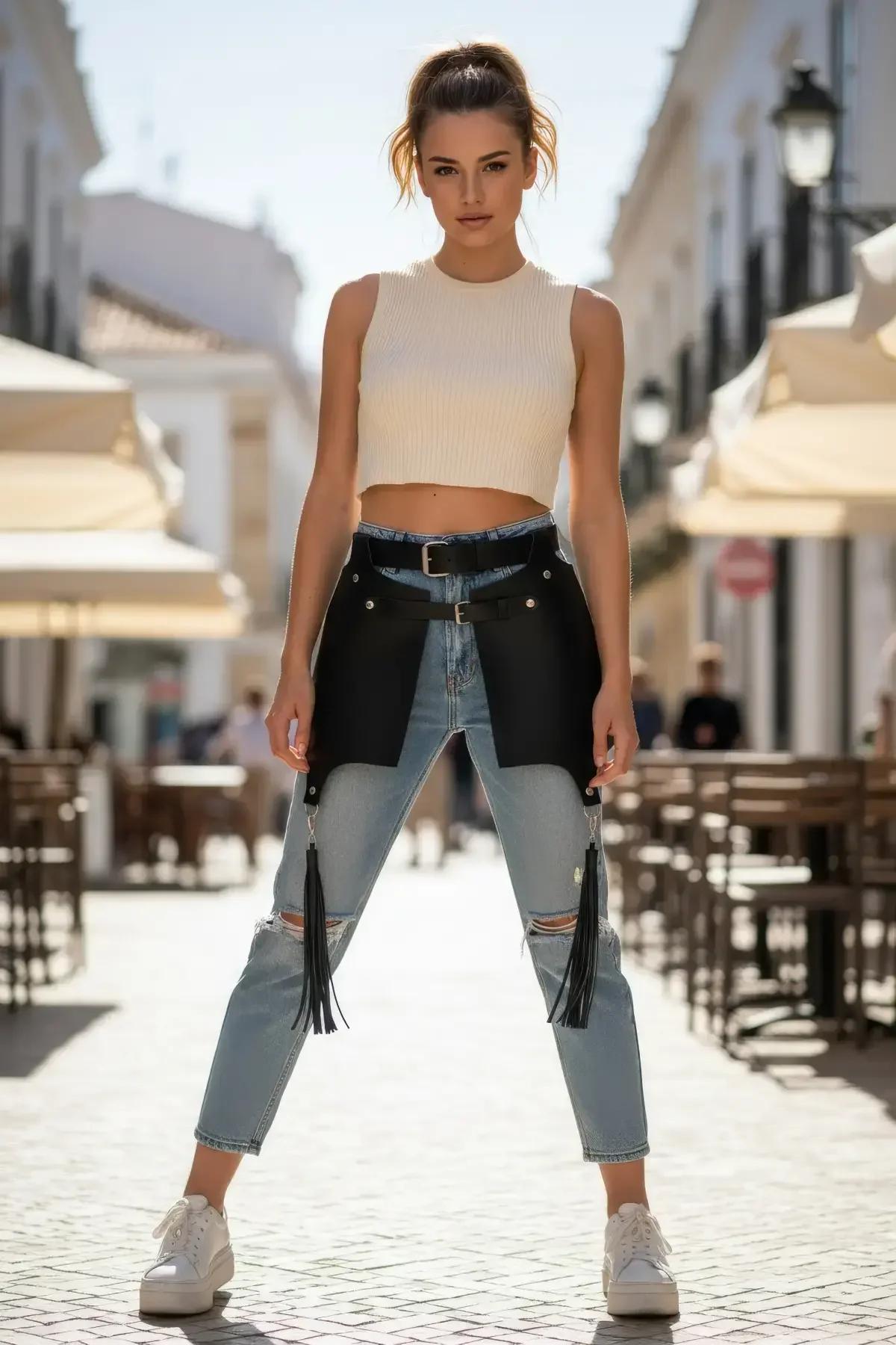 siyah vegan deri kemer gümüş perçin detayı yakın çekim