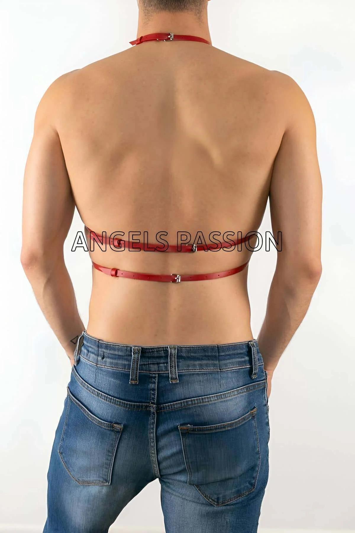 slim red faux leather chest harness back view adjustable back band and neck strap