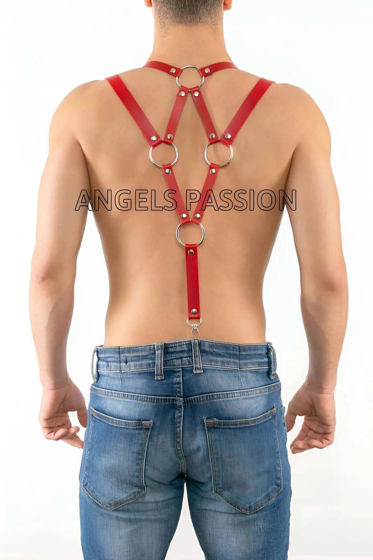 Red PU leather suspender harness silver pin-buckle adjusters on vertical straps
