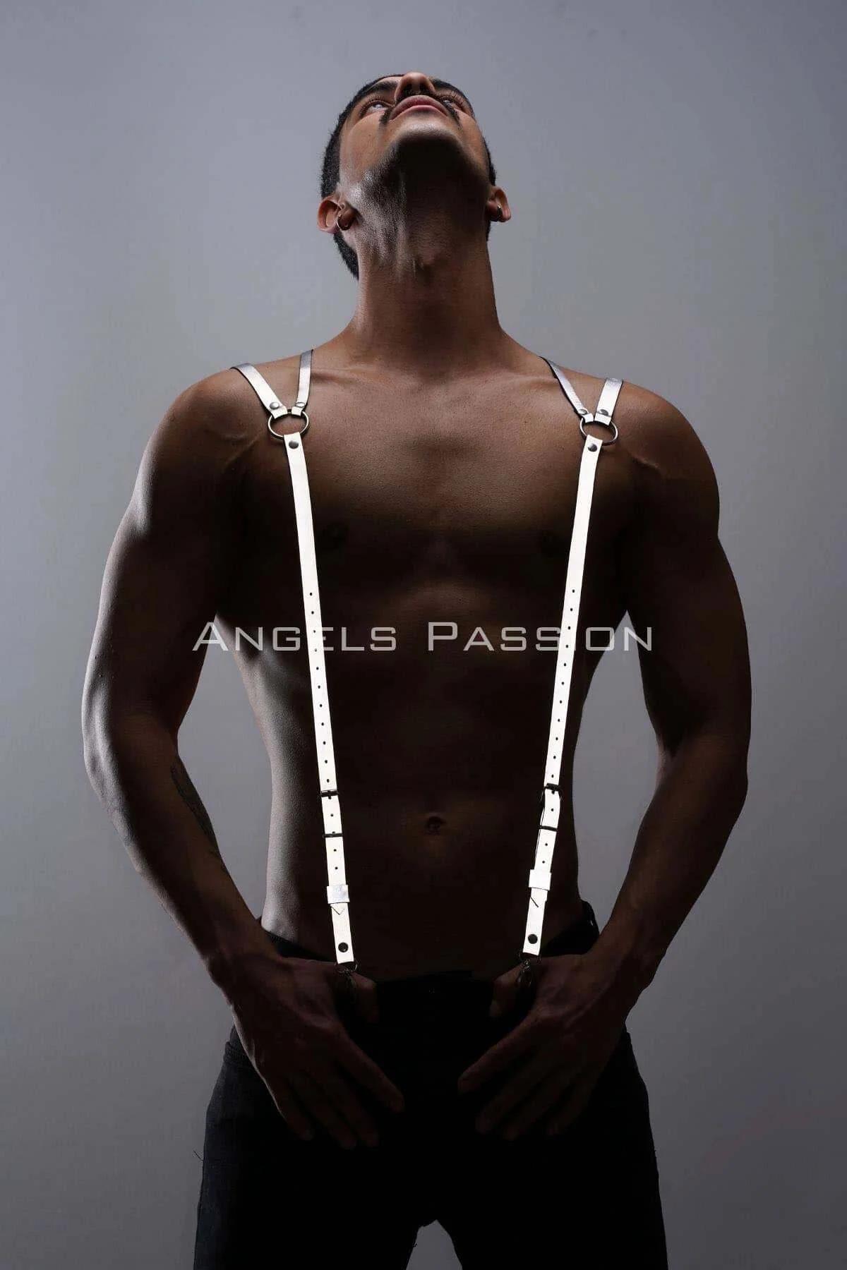 white PU leather shoulder harness laid flat showing 2.5 cm strap width and metal hardware