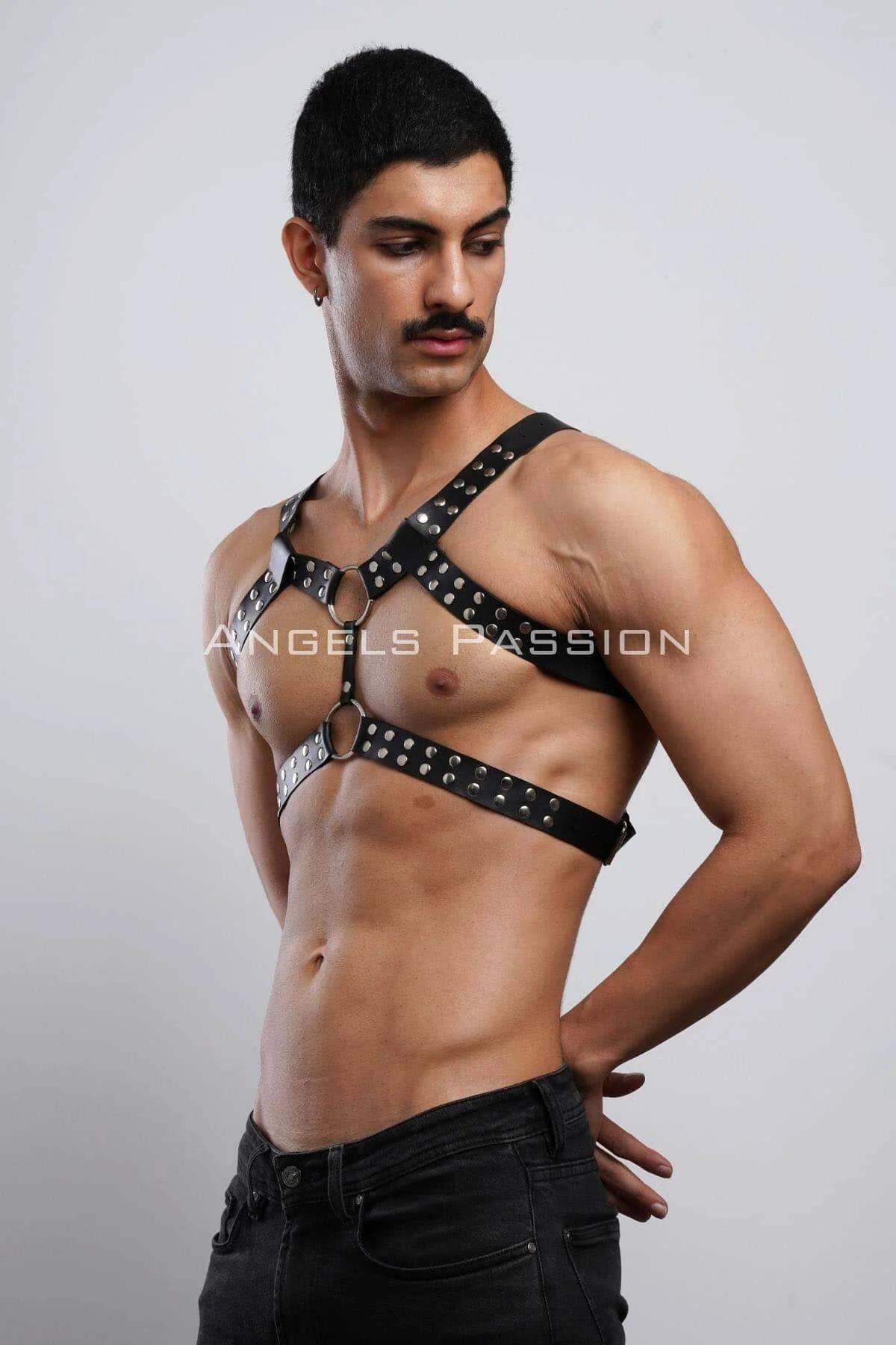 Black PU leather body harness X-cross strap pattern with adjustable buckles, front view