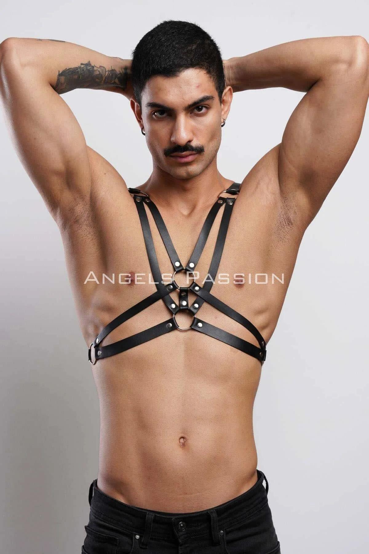 Side view of black multi-strap O-ring harness showing adjustable buckle closures