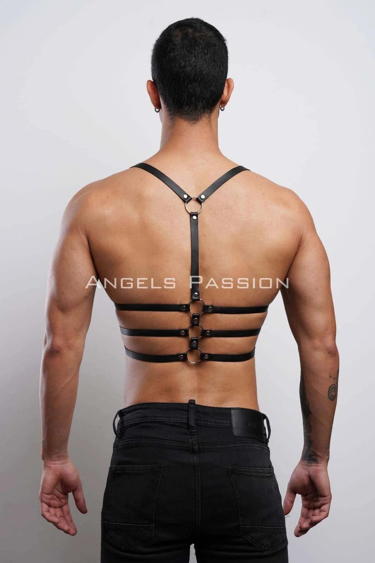 Black faux leather chest harness flat lay showing full strap structure and zinc-alloy buckle hardware