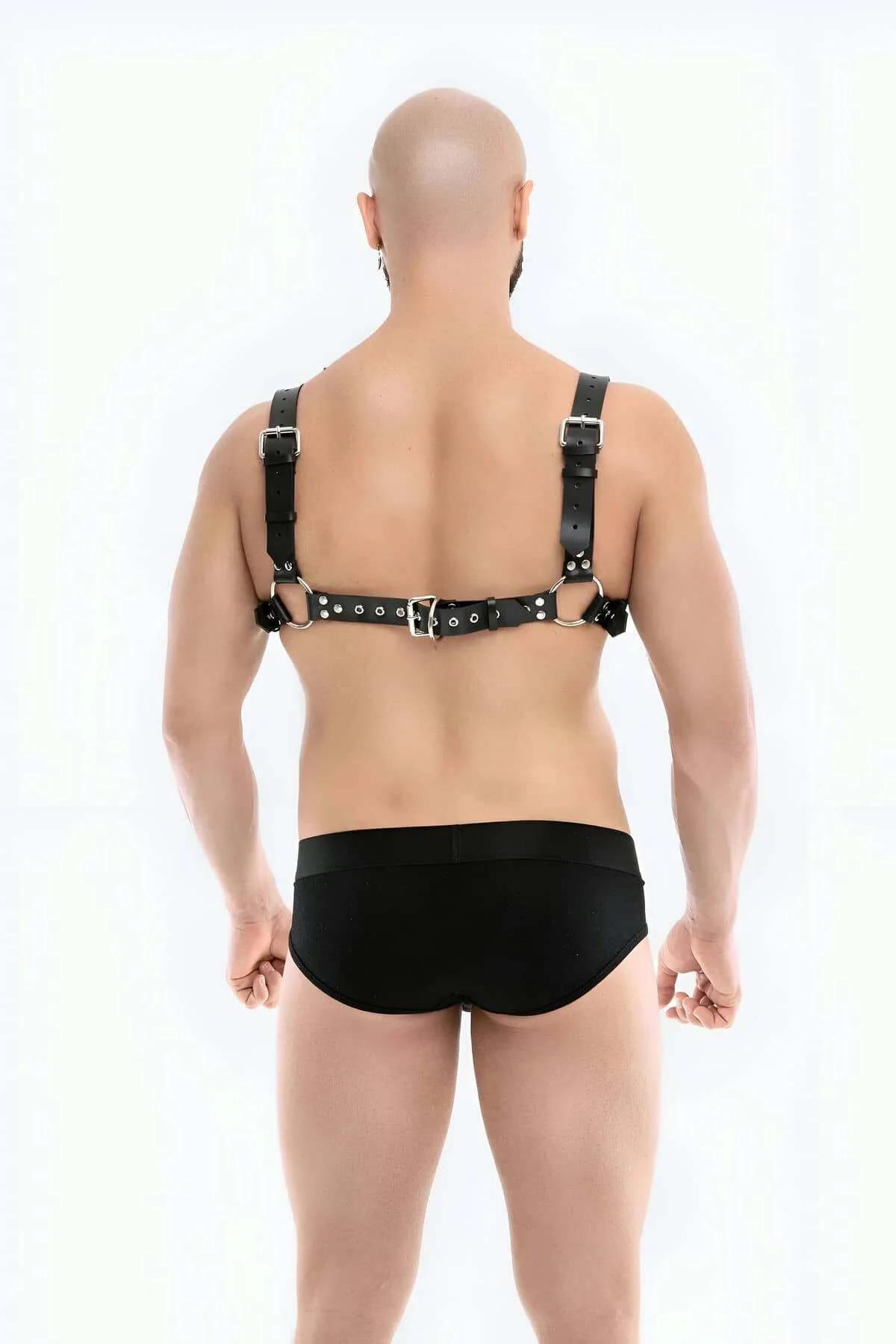 silver link chain draping from center O-ring of black mens fashion harness at torso level
