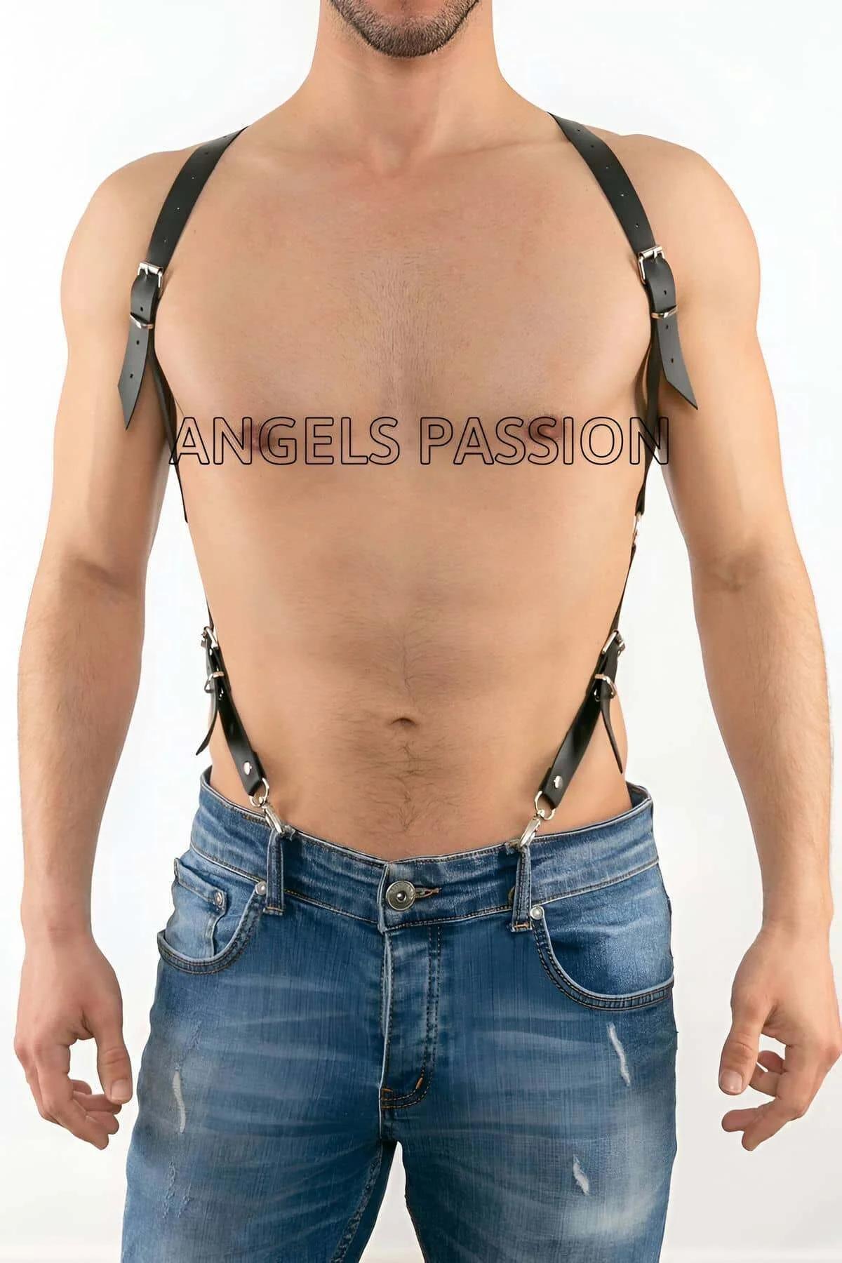 Adjustable black PU leather shoulder harness with diagonal side strap and silver zinc alloy buckles