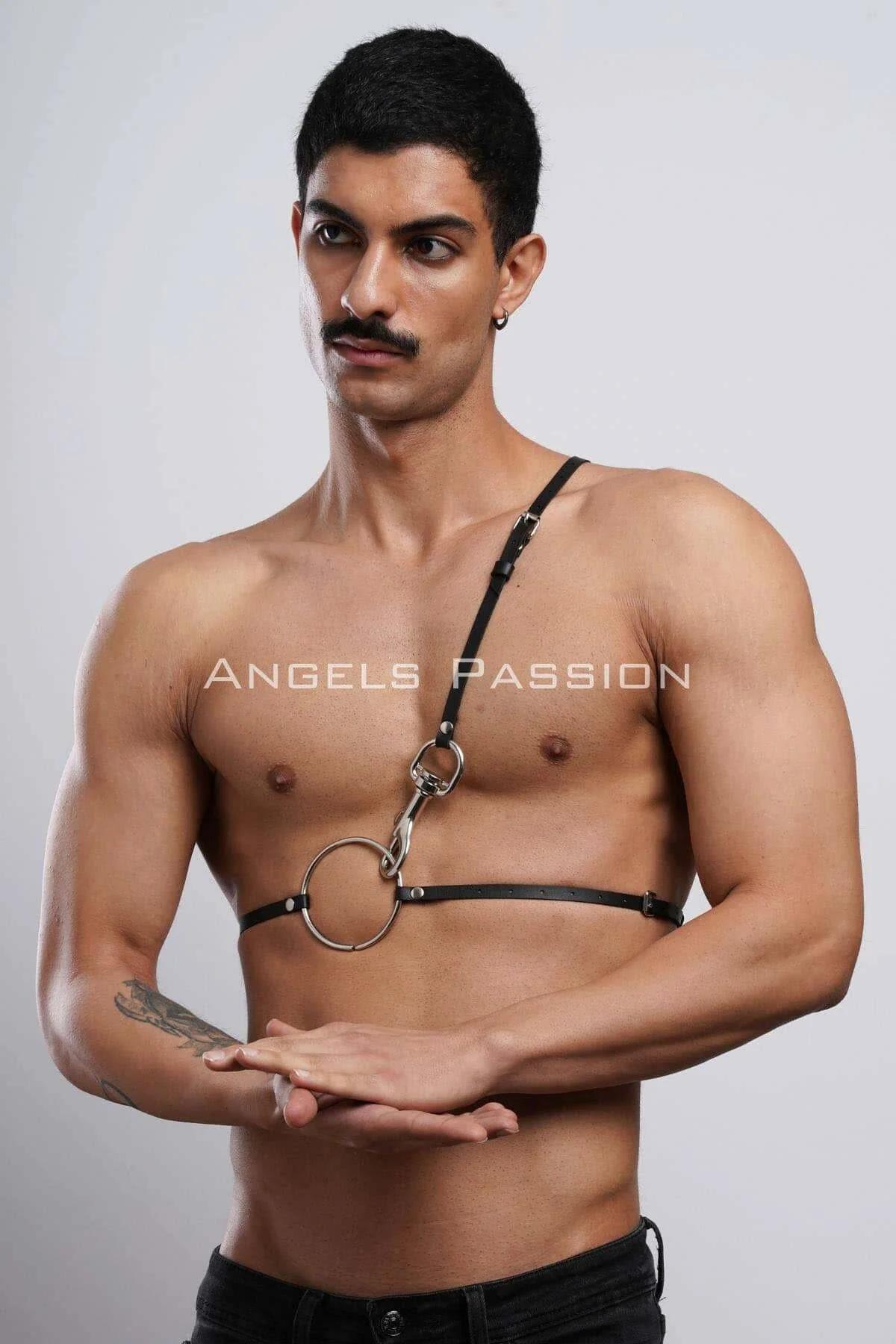 men's black O-ring harness worn over bare torso showing horizontal band and strap placement