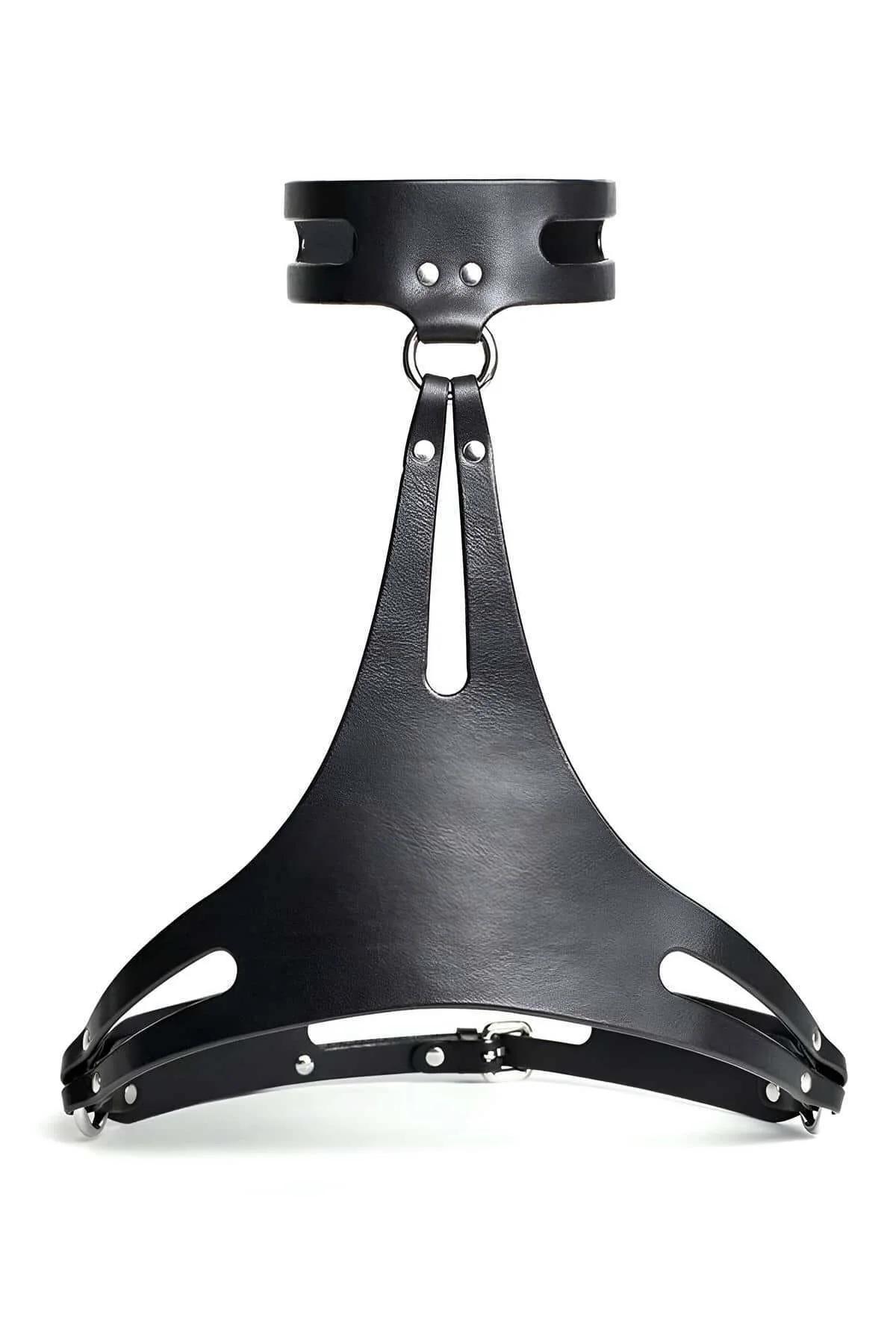 Close-up of black faux leather chest panel showing elongated cut-out slots and central silver O-ring hardware