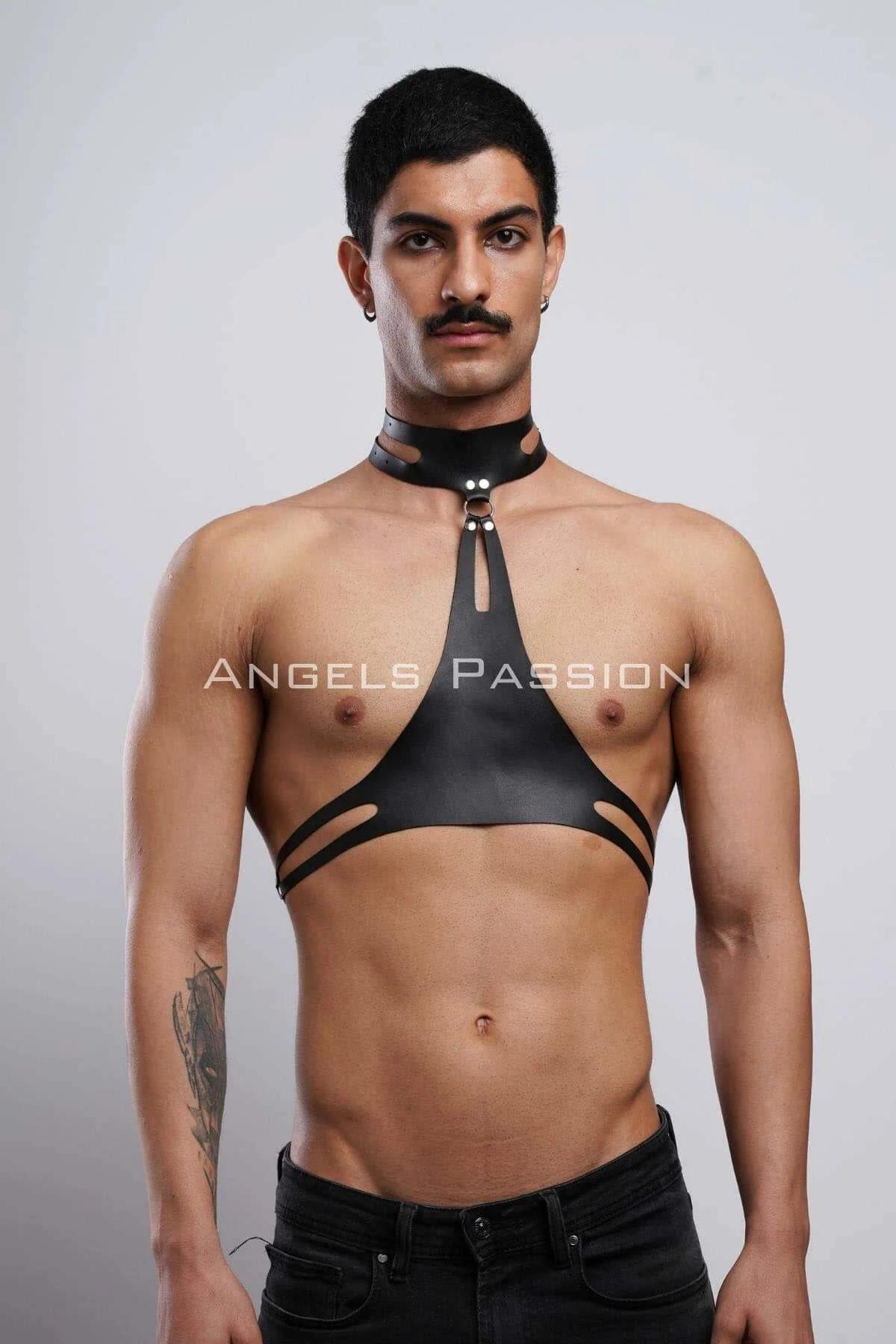 front view of black PU faux leather harness showing triangular chest panel and collar O-ring detail