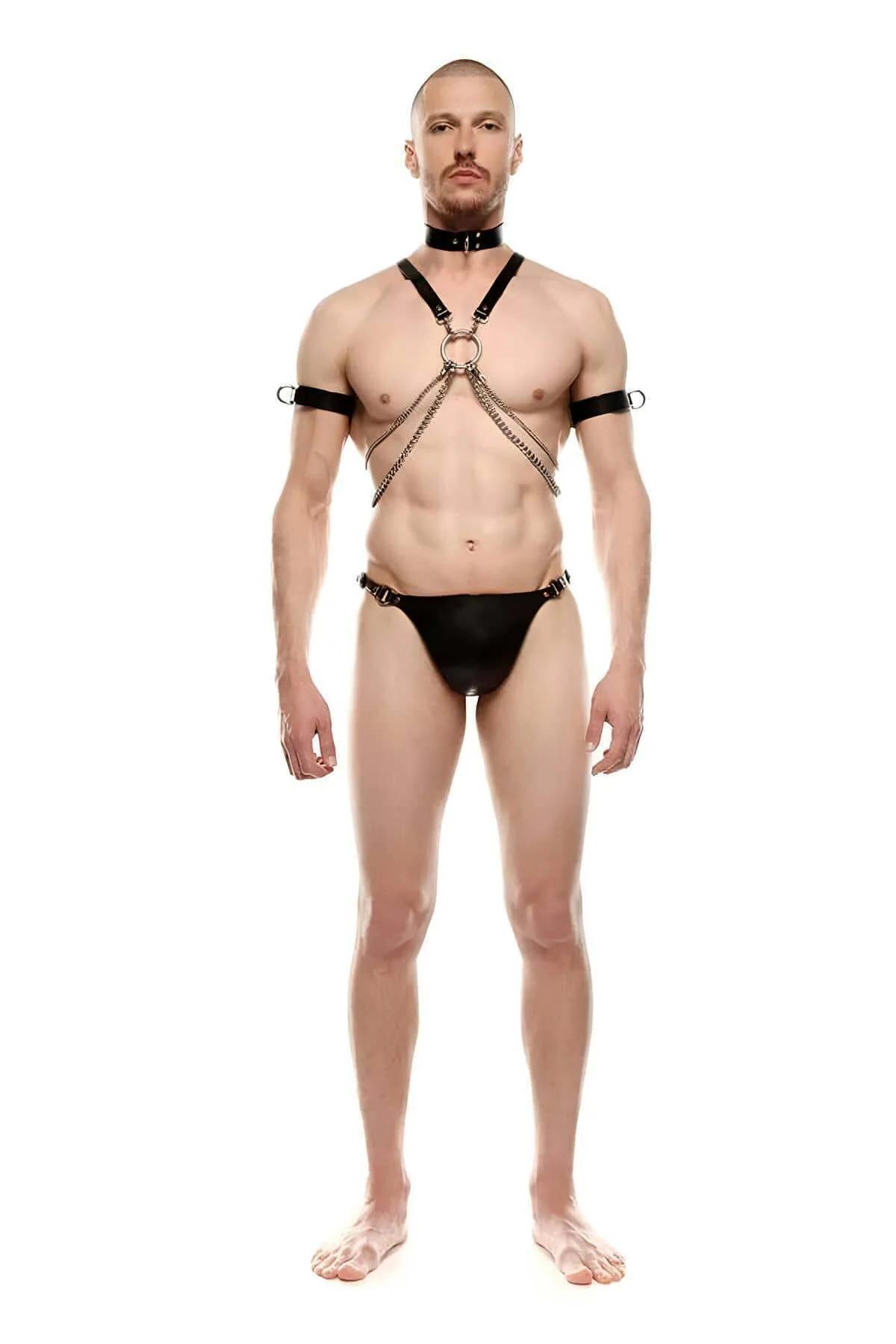 black faux leather upper-arm armbands with D-ring buckle detail from chain harness set