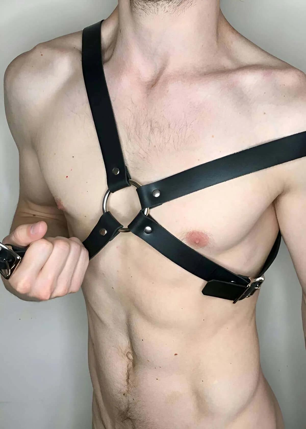 matte black PU strap chest harness Y-formation front view with silver O-ring detail