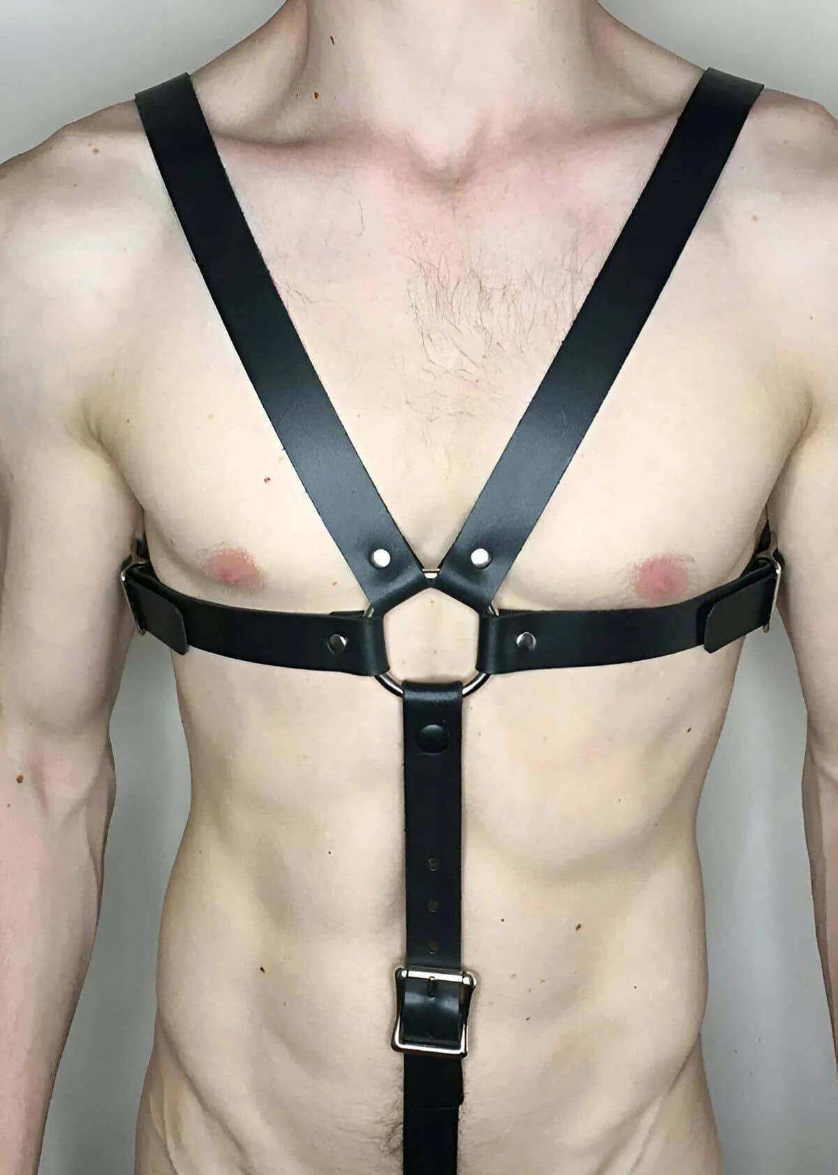 adjustable abdominal strap with rectangular silver buckle and seven adjustment holes black harness