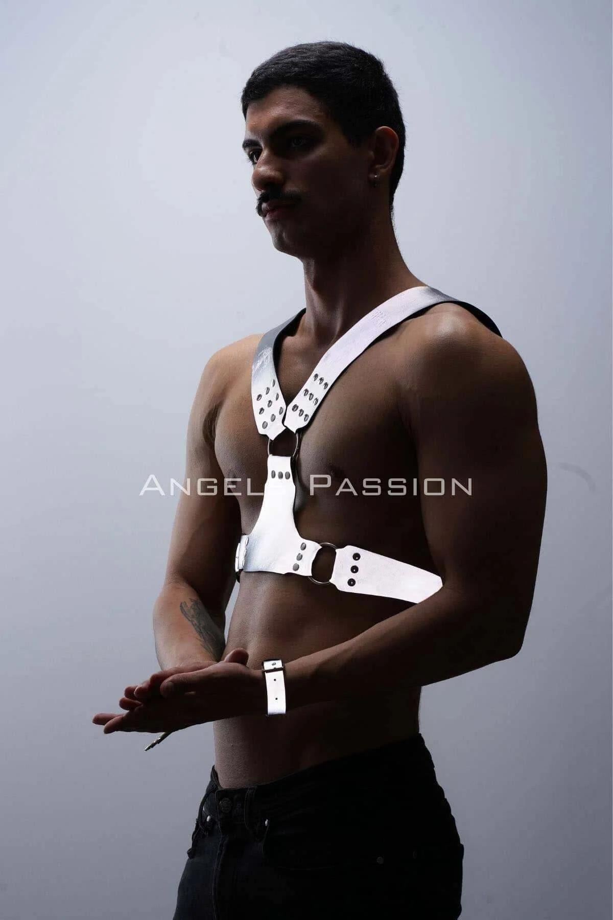 White reflective harness and wrist cuffs set full outfit view against neutral background