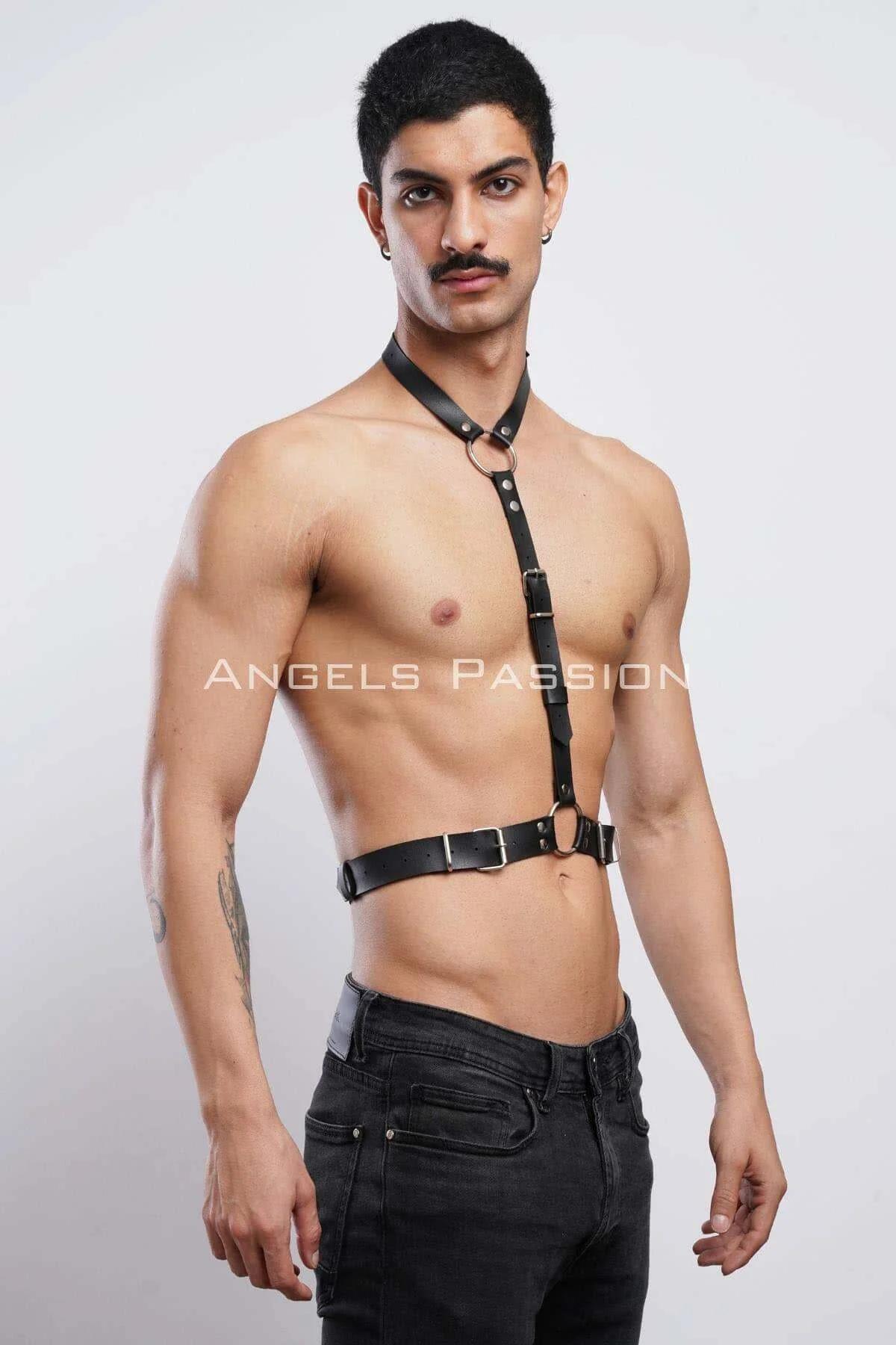 black PU leather halterneck harness men silver O-ring at chest detail close-up