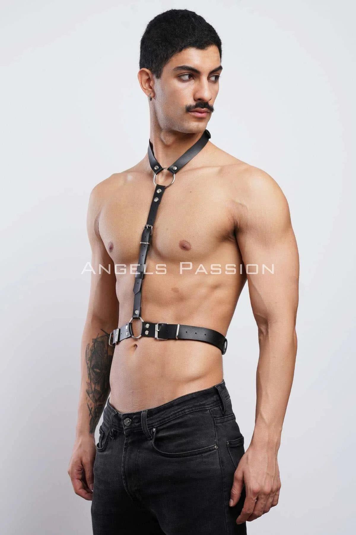black halterneck body harness worn over bare chest men festival outfit