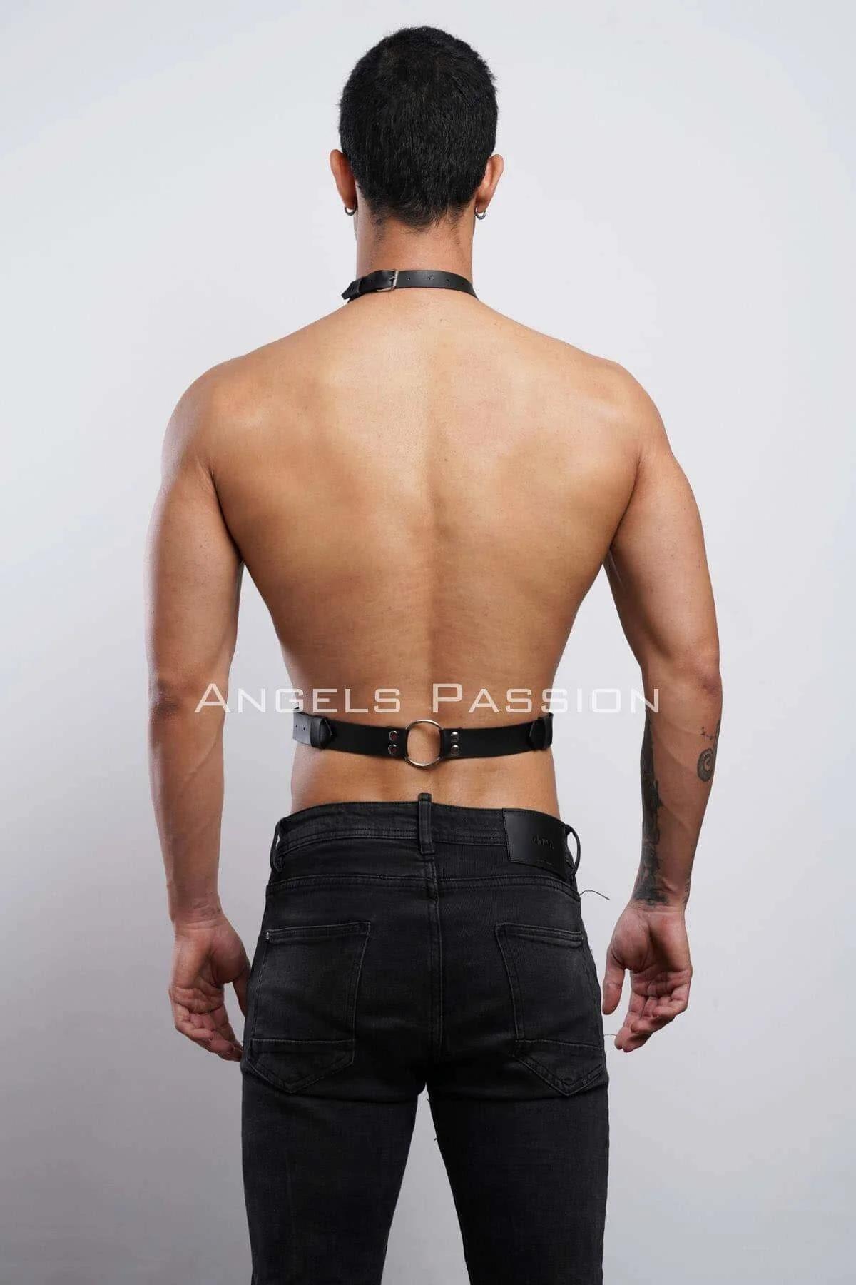 back view black faux leather halterneck harness collar strap men